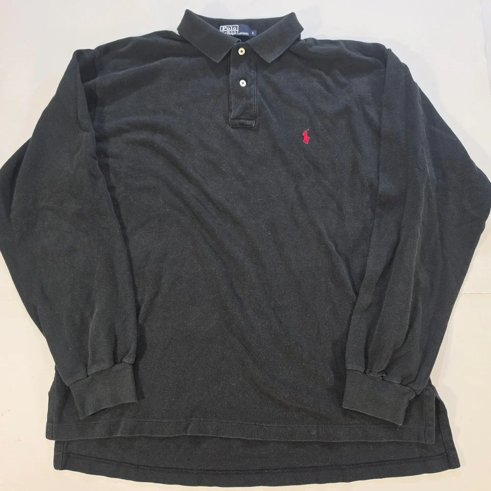 Polo Ralph Lauren Mens Black Long Sleeve Pique Polo Shirt Red Pony Logo Size L